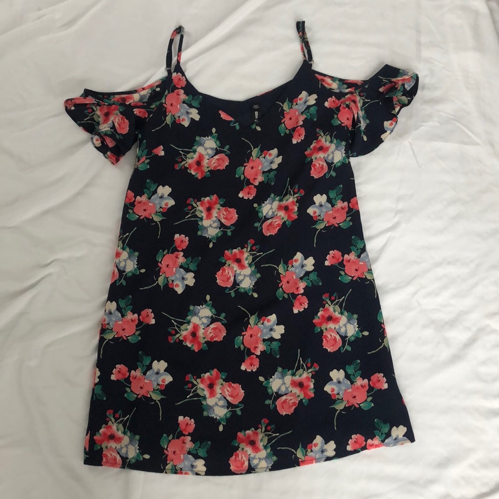 Navy blue floral cold shoulder dress